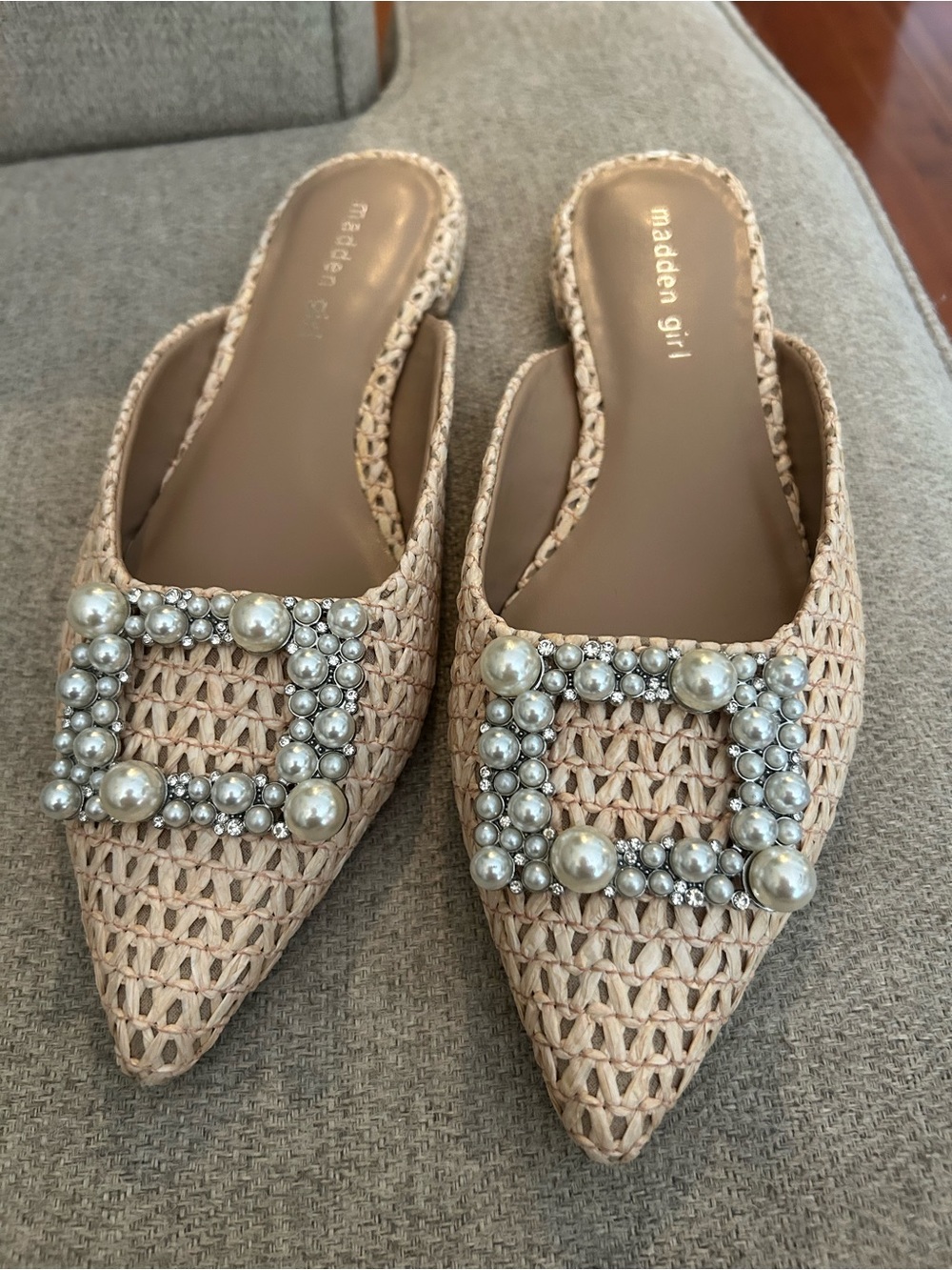 Madden Girl Beige Woven Pointed Pearl-Embellished Mules